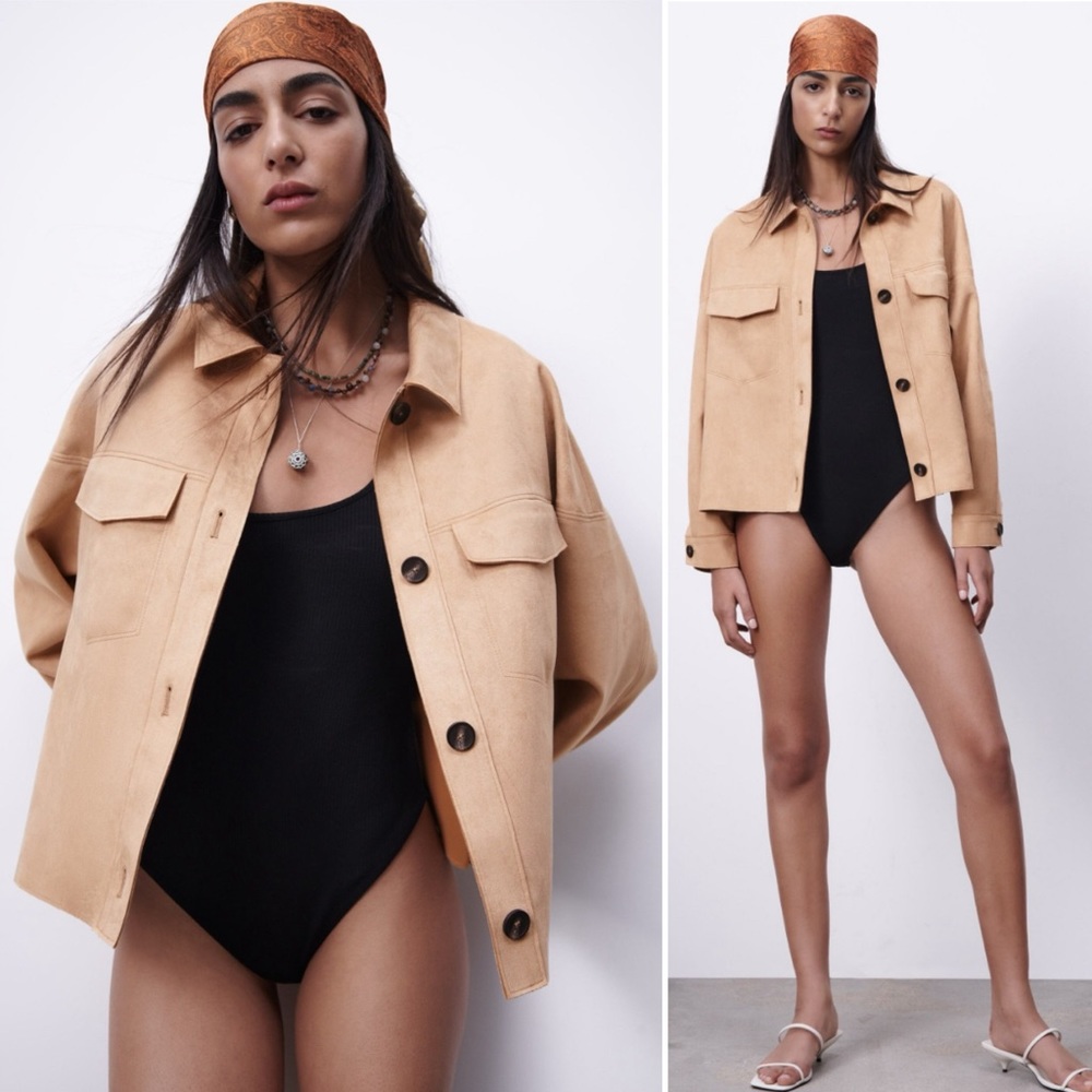 NWOT Zara Faux Suede Boxy Shacket Oversized Jacket Khaki Beige Tan Size XL